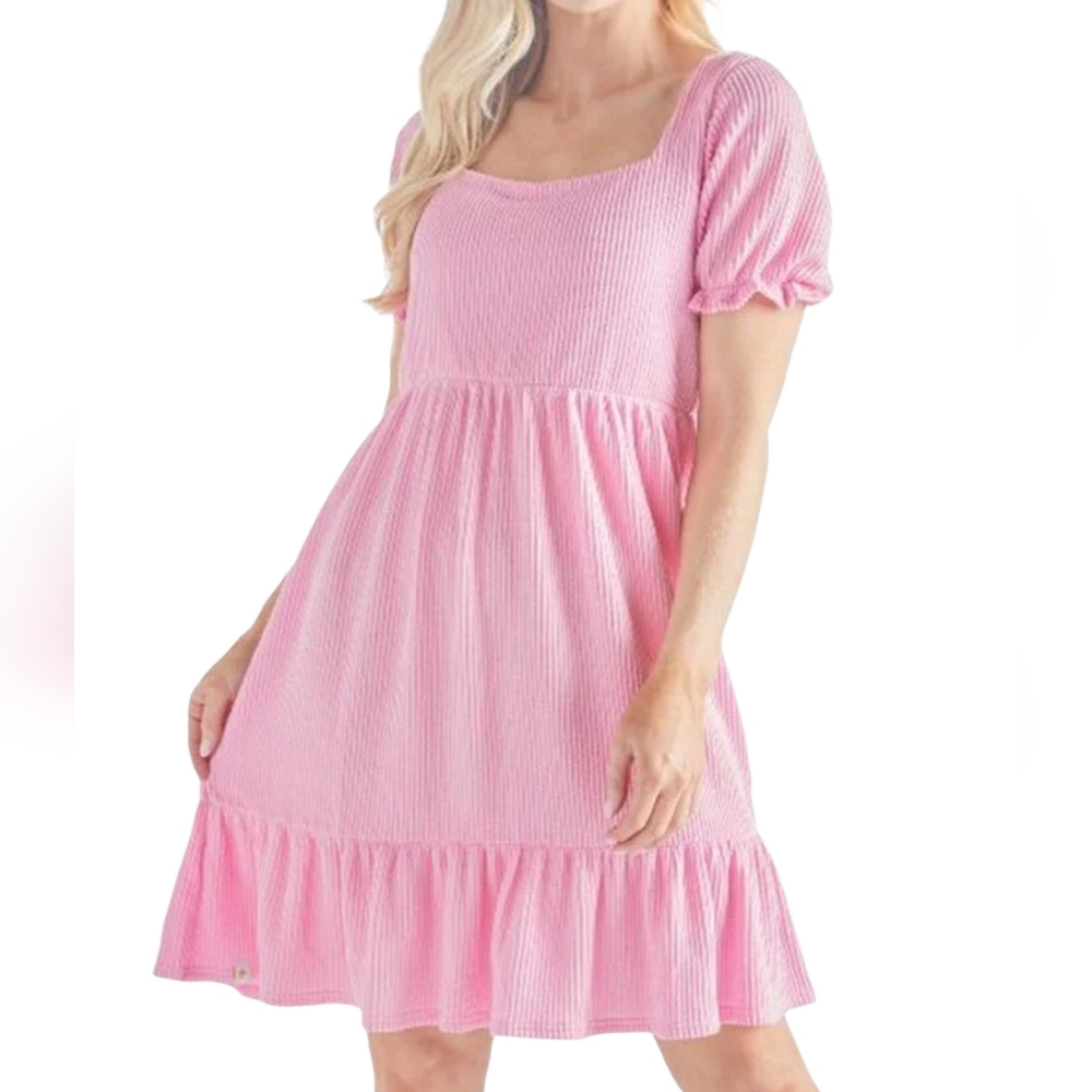 NWT Simply Southern Knit Squareneck Pink Tiered Puff Sleeve Midi Dress